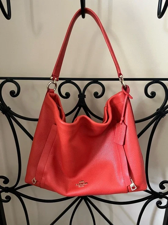 Coach Coral-Red Pebbled Leather Shoulder Hobo - Picture 1 of 8